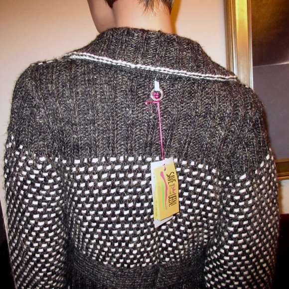 New Gray Cream Sweater Coat XL 10 12 Chunky Belted Italy - Picture 13 of 15